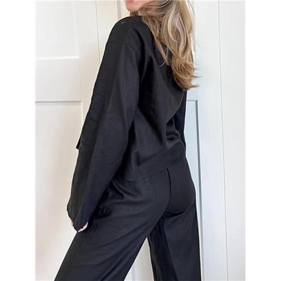 🌿 Women’s Lace-Up V-Neck Linen Shirt – Long Flare Sleeve Tie Front Crop Top - Picture 5 of 7